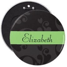 Your Name Renaissance Damask Gray, Black, Green Pinback Buttons