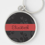 Your Name Renaissance Damask Gray, Black, Red Keychains