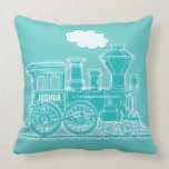Your name steam train loco teal blue throw pillow