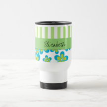 Your Name Stripes Flowers Green Blue White Mugs