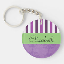Your Name Stripes French Damask Purple Green Key Chains