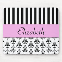 Your Name Stripes Lines Damask Black White Pink Mouse Pad