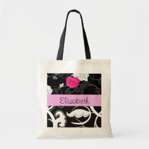 Your Name Swirls Flowers Roses Black White Pink Tote Bag
