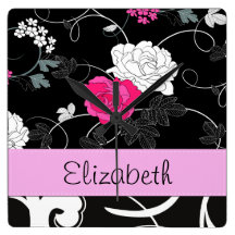 Your Name Swirls Flowers Roses Black White Pink Square Wallclock