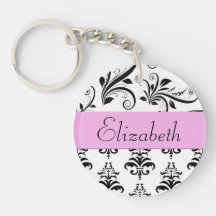 Your Name Venetian Damask Black White Pink Keychain