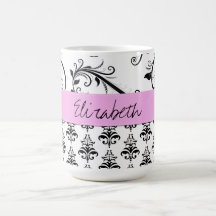 Your Name Venetian Damask Black White Pink Coffee Mugs