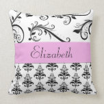 Your Name Venetian Damask Black White Pink Throw Pillow
