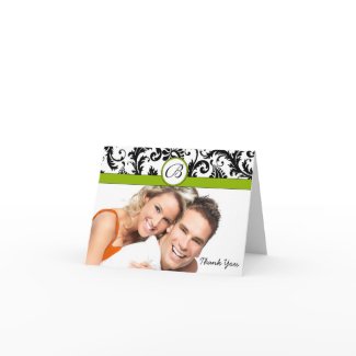 Your Photo Apple Green & Black Damask Thank You card
