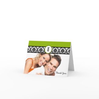 Your Photo Apple Green & Black Damask Thank You card