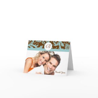 Your Photo Aqua & Brown Damask Wedding Thank You card