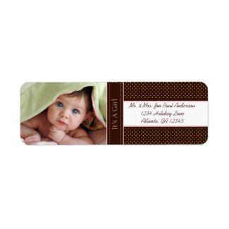 Your Photo New Baby It's A Girl Brown & Pink Dots label