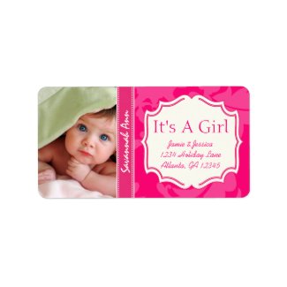 Your Photo New Baby Its A Girl PINK Vintage Floral Custom Address Labels