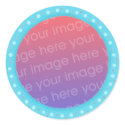 Your photo stickers, in a blue dots circle frame