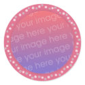 Your photo stickers, in a pink dots circle frame