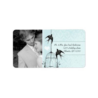 Your Photo Wedding Vintage Bird Cage Aqua Damask Personalized Address Labels