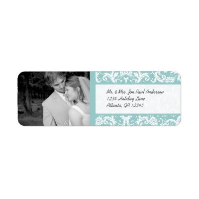 Your Photo Wedding Vintage Damask Aqua Blue Custom Return Address Label