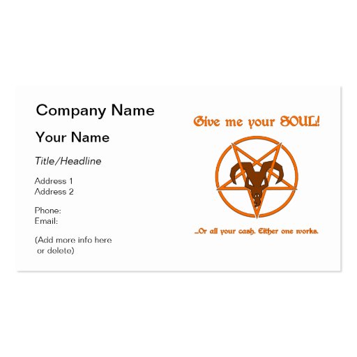 Your Soul Or Cash Satan Pentacle and Goat Humor Business Cards (front side)