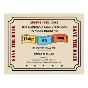 Your Ticket to a Fun Family Reunion Save the Date Postcard