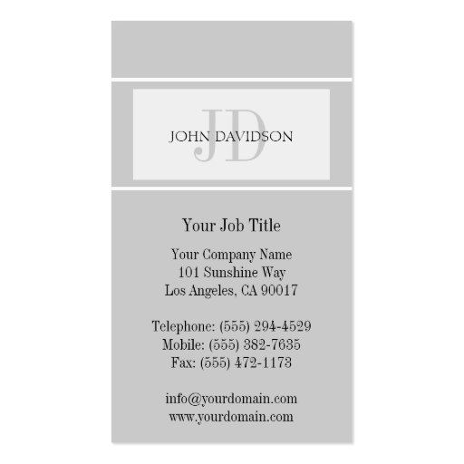 YourJobTitle Monogram Initials White Silver Business Card Template (back side)