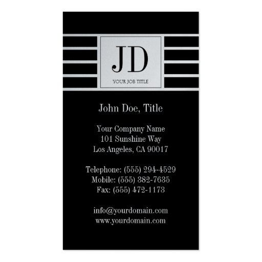 YourJobTitle Monogram/Striped/Black/Platinum Business Card Template (back side)