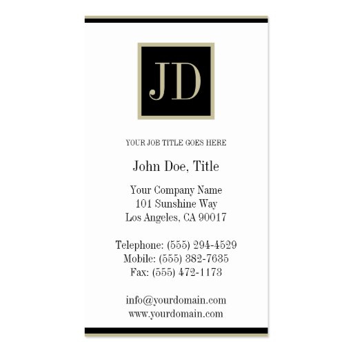 YourJobTitle White Blk/Tan Square Monogram Plaque Business Cards (back side)