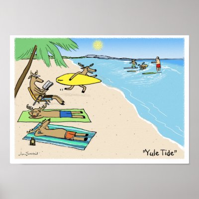 "Yule Tide" - Santa and Reindeer Beach Vacation Posters