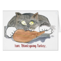 Yum, Thanksgiving turkey says gray tiger kitten Greeting Cards