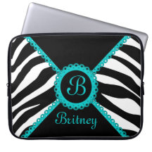 Zebra and Aqua Lace Monogram Laptop Sleeve