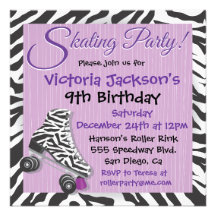 Zebra and Purple Roller Skating Party Invitations