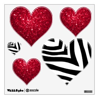 Zebra And Red Glittery Look Heart: Wall Decals