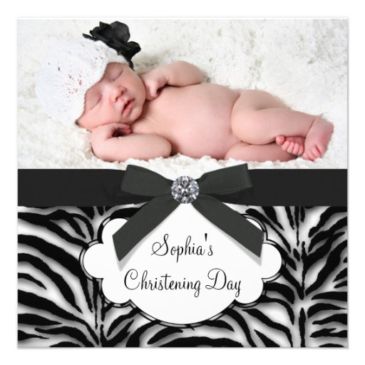 Zebra Baby Girl Photo Christening Custom Announcements