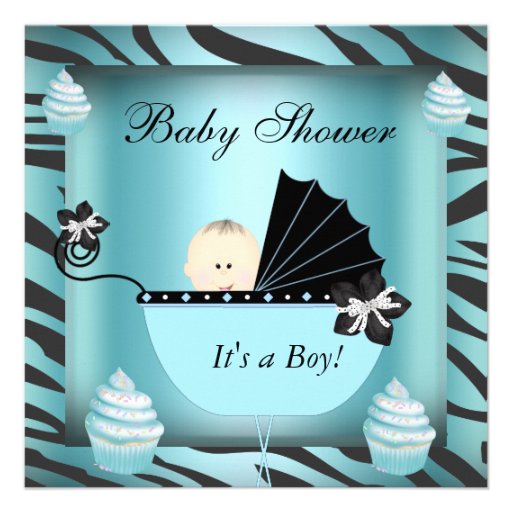 Zebra Baby Shower Baby Boy Teal Cupcake Invite