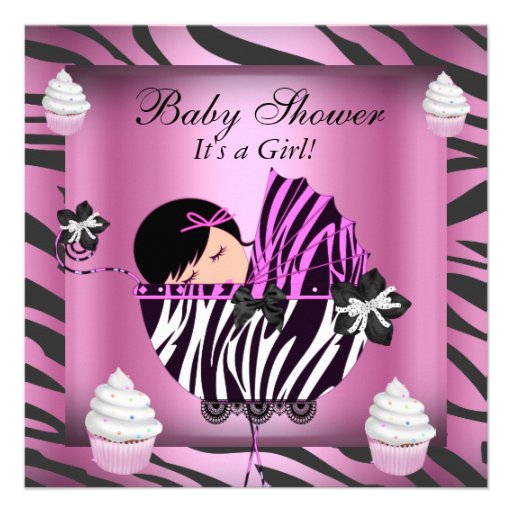 Zebra Baby Shower Baby Girl Pink Cupcake Custom Announcements