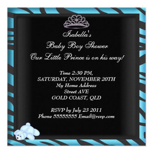 Zebra Baby Shower Boy Blue Black Crown Prince Invitations