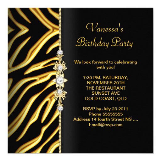 Zebra Birthday Party Gold Black Floral Personalized Announcements