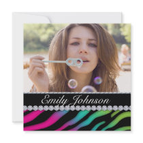 Zebra Birthday Party Pink Green Blue Black Jewelry Personalized Invite