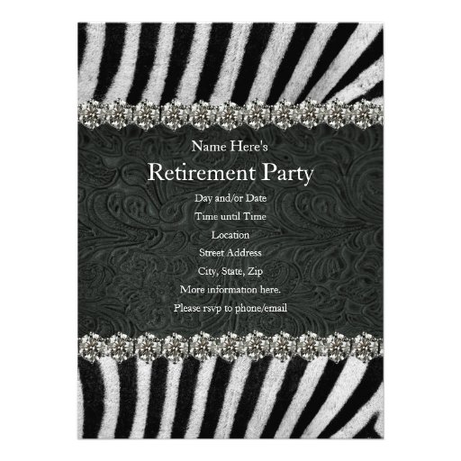 Zebra Black Leather Rhinestone Retirement Party Personalized Invitation