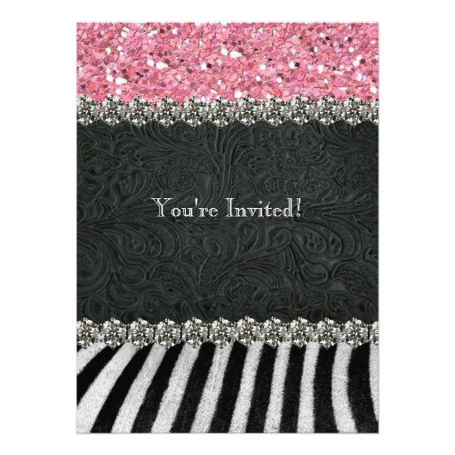 Zebra Black Pink Glitter Bridal Shower Invitation