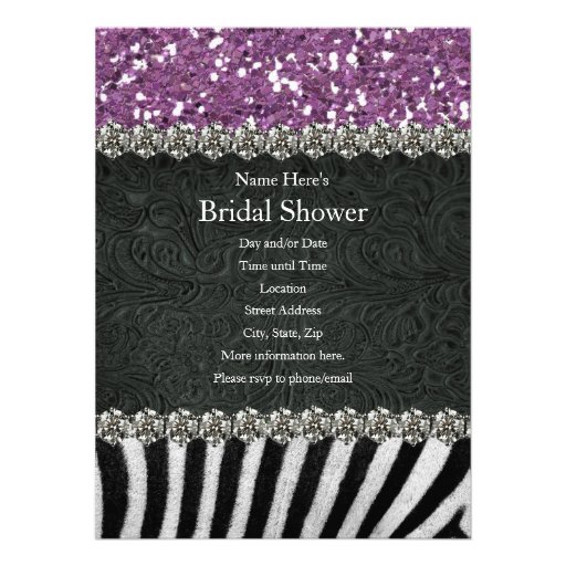 Zebra Black Purple Glitter Bridal Shower Announcement