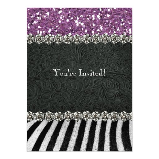 Zebra Black Purple Glitter Bridal Shower Announcement