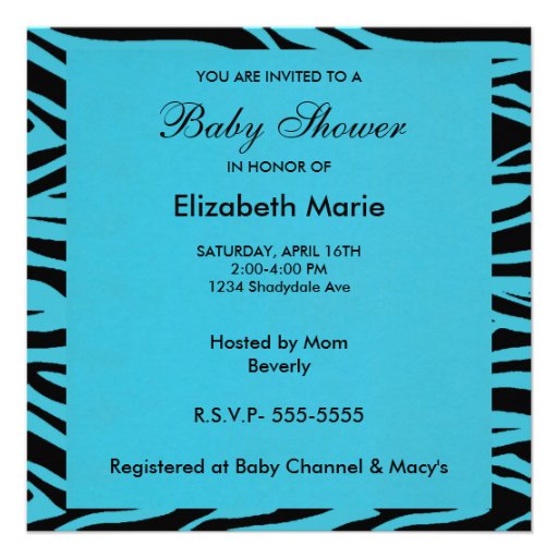 Zebra Blue-Baby Shower Boy Invitations