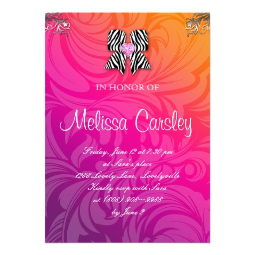 Zebra Bow Bachelorette Party Photo Orange Purple Custom Invitations