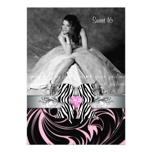 Zebra Bow Sweet 16 Party Invite Photo Card Floral