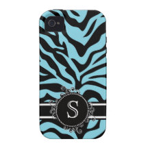 Zebra Bright Blue and Black with Monogram iPhone 4 Case