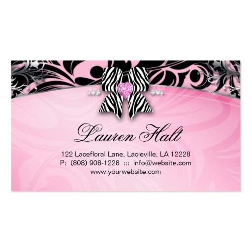 Zebra Business Card Jewelry Bow Pink Silver Swirls (back side)