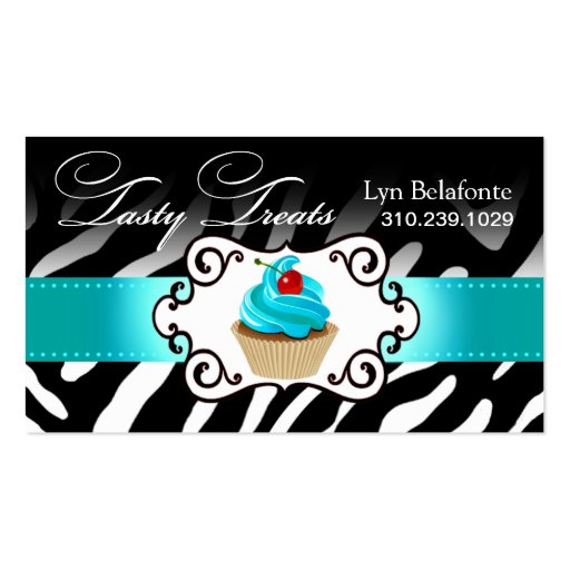 Zebra Cupcake Frame "Tasty Treats" aqua Business Card (front side)