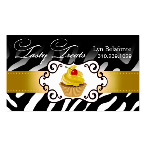 Zebra Cupcake Frame "Tasty Treats" gold Business Card (front side)