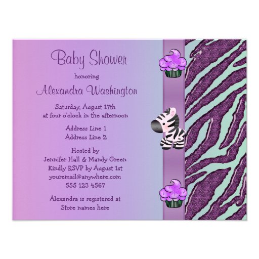 Zebra & Cupcakes Purple Baby Shower Announcement