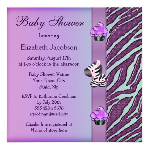 Zebra & Cupcakes Purple Baby Shower Invite