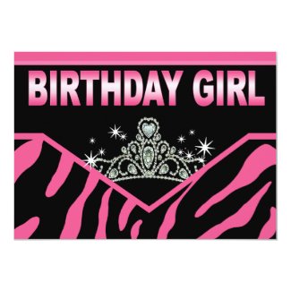 Zebra Deluxe Birthday Girl Tiara (hot pink) 5x7 Paper Invitation Card
